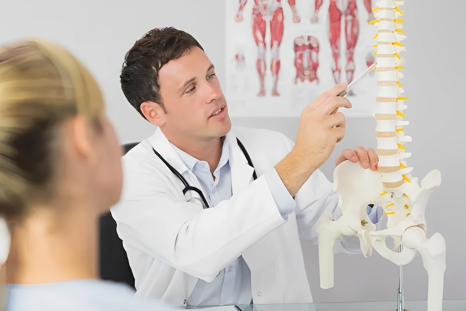Doctor explaining spine model to patient